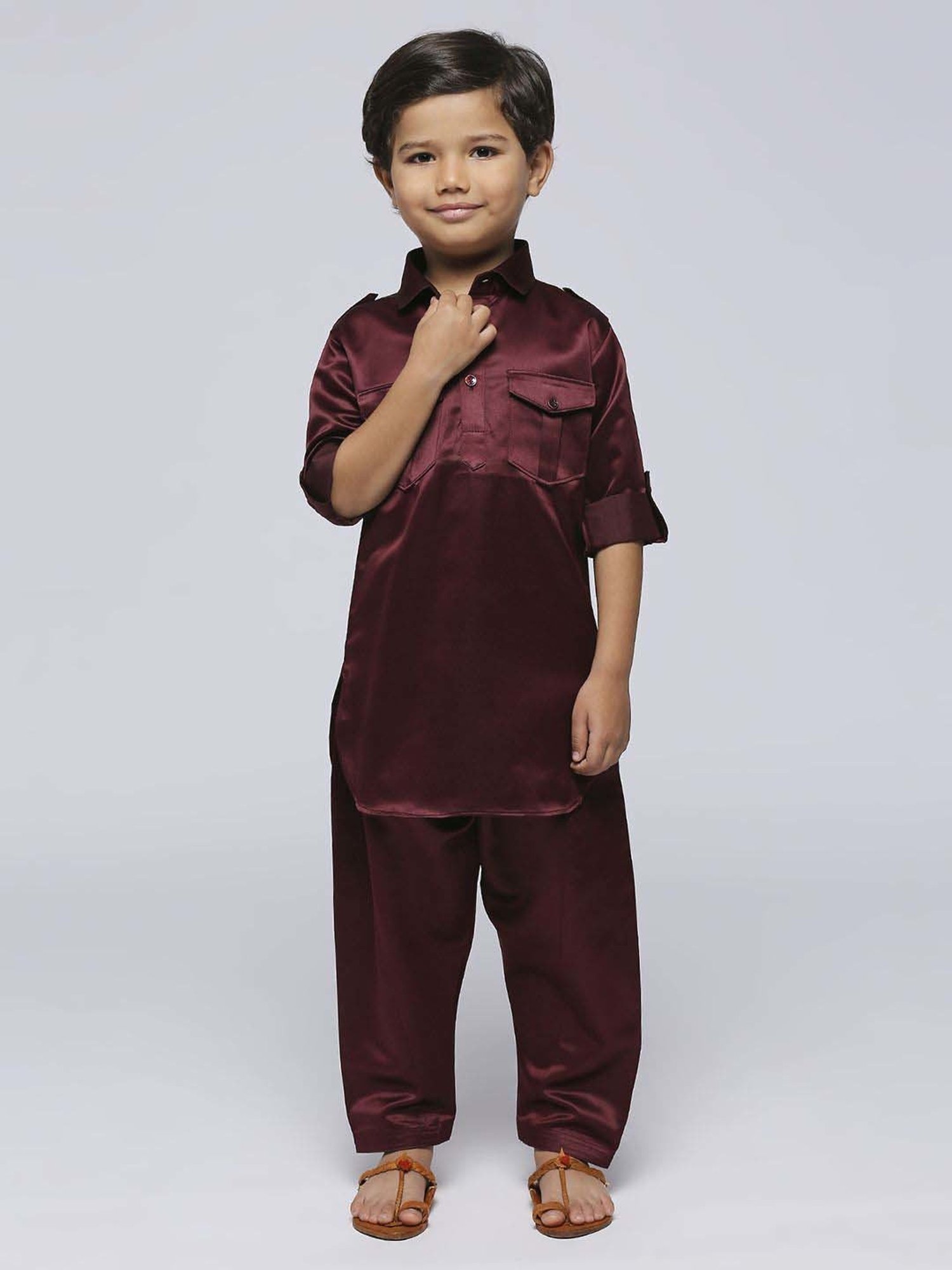 Kids Island Boys Maroon Solid Full Sleeves Kurta Set