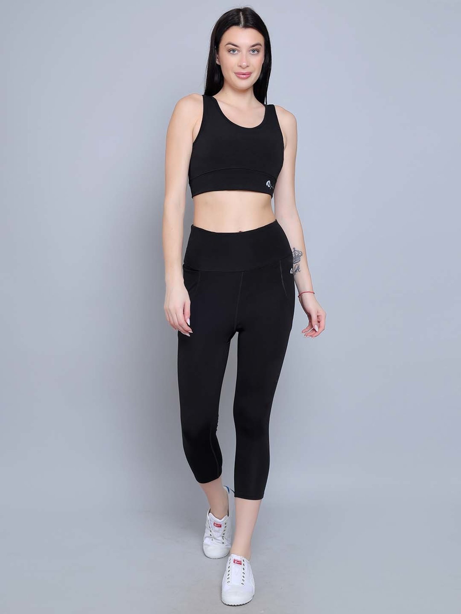 N-Gal Black Logo Print Sports Bra With Tights Set
