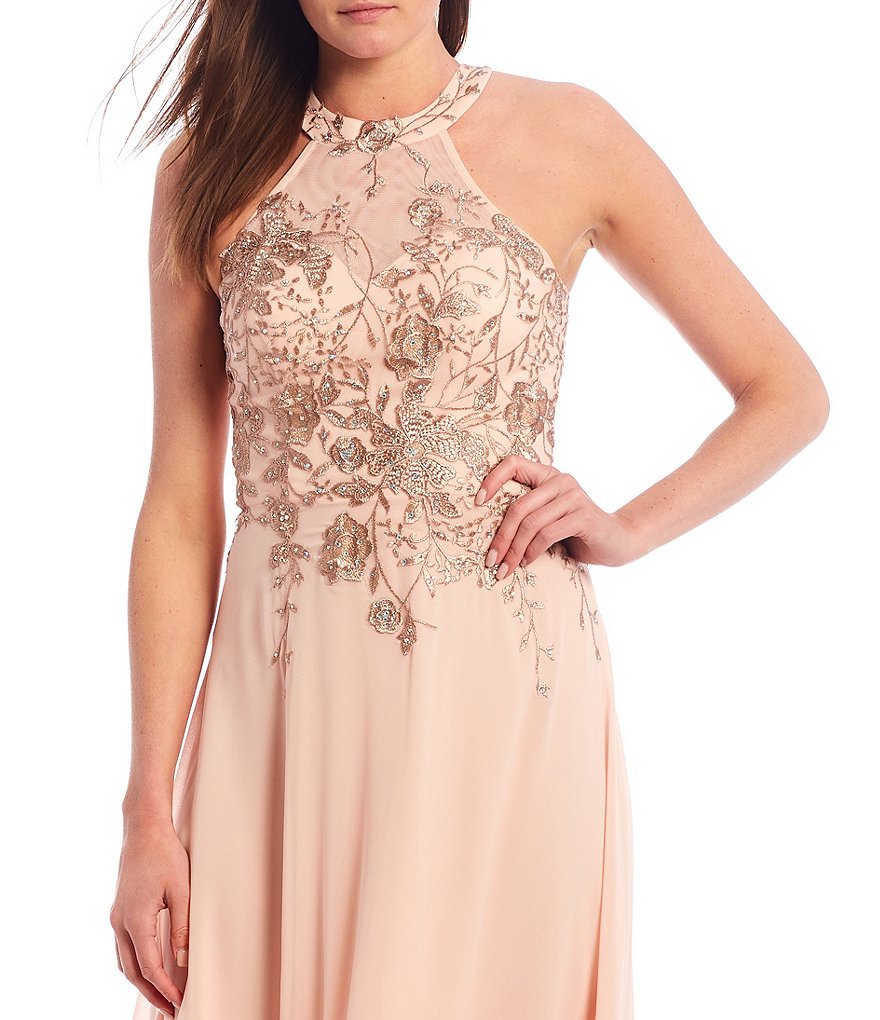 Betsy & Adam Halter Floral Embroidered Chiffon Gown