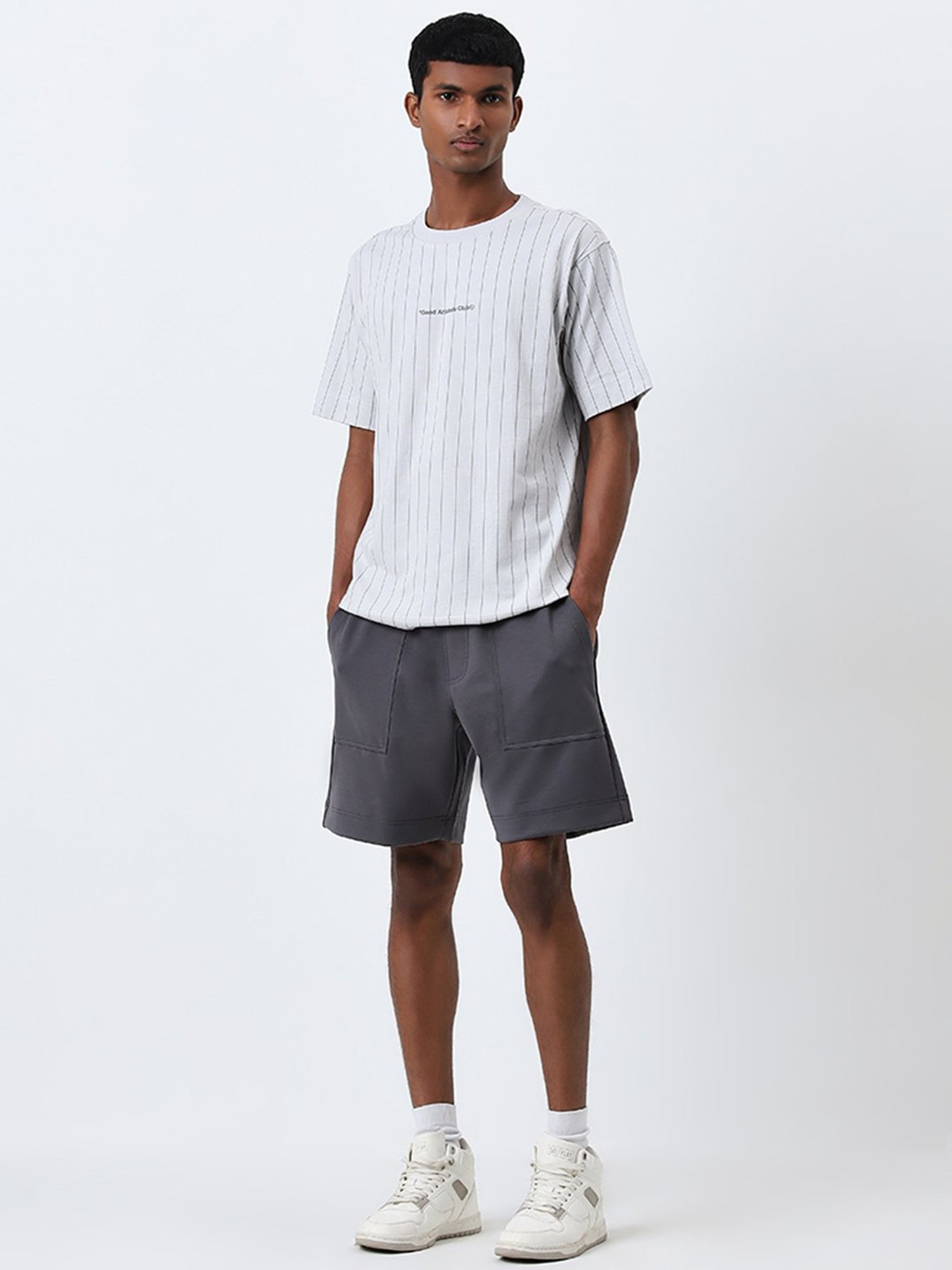 Studiofit by Westside Light Grey Striped Relaxed-Fit Cotton T-Shirt