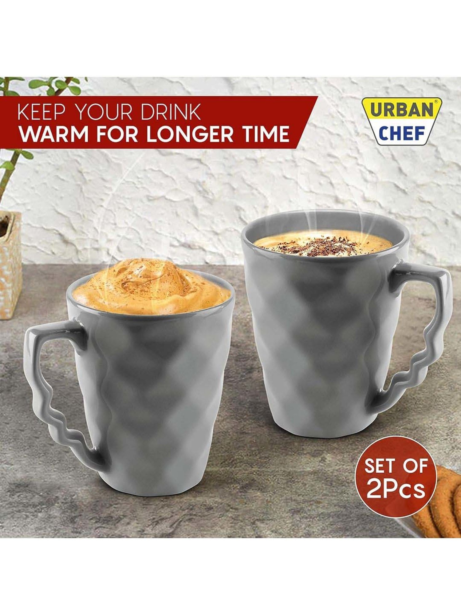 Urban Chef Grey Ceramic Prism Microwave Safe Coffee Mug With Handle (0.225 L) - Set of 2