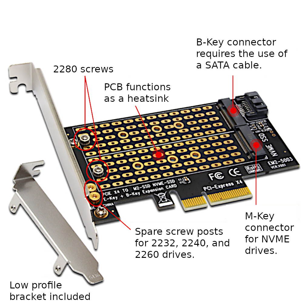 JacobsParts M.2 to PCIe NVMe and SATA SSD Dual M Key and/or B Key Adapter Card 2242 2260 2280 M2 Drive to Desktop PCI Express x4 x8 x16 Slot, Includes Brackets