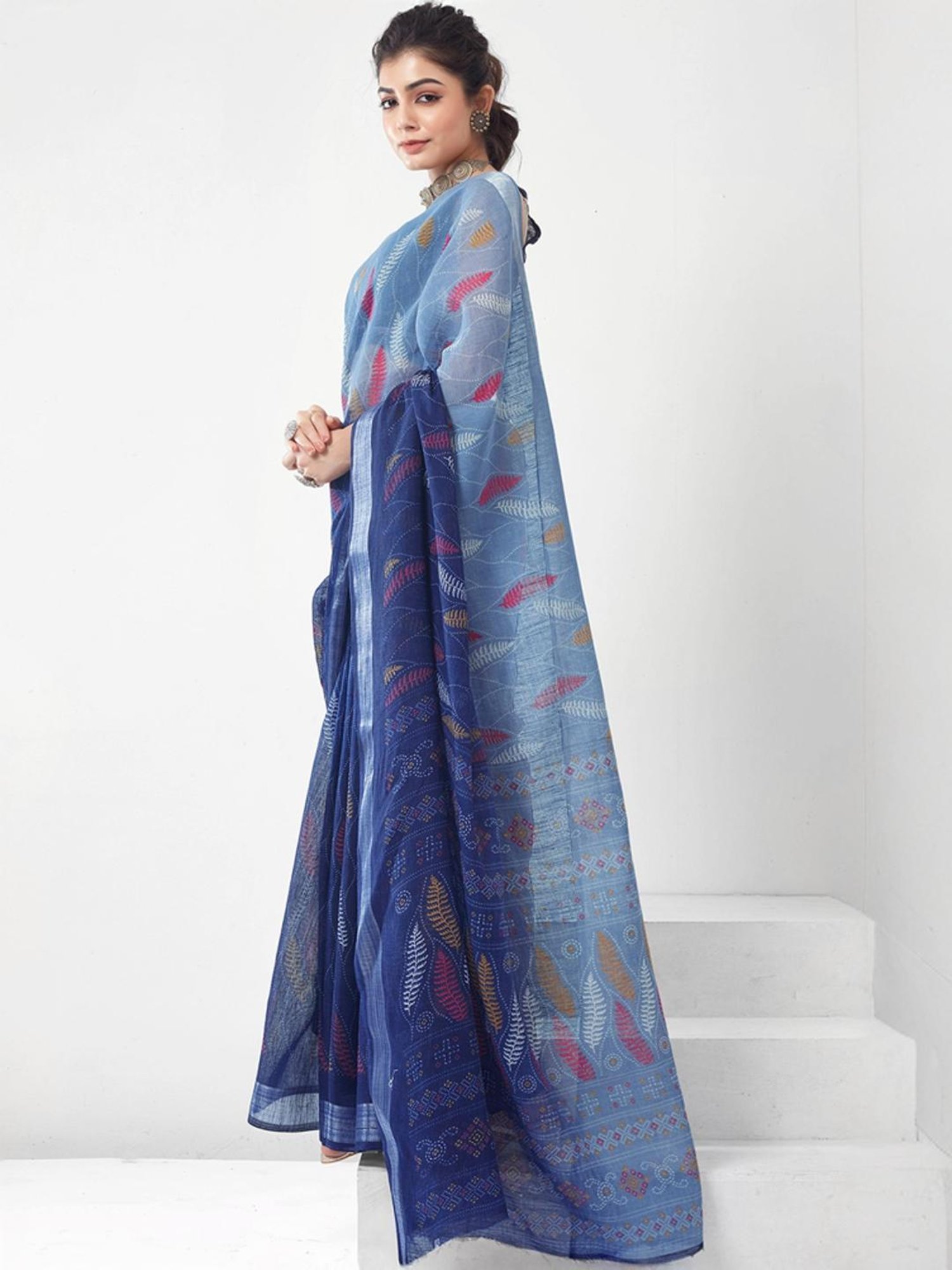 Satrani Navy Printed Saree With Unstitched Blouse