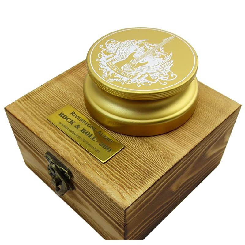 Rock & Roll Series 380 Record Weight Turntable Stabilizer (380 g) - Anodized Aluminum - Laser Engraved Surface - R&R Guitar - Color: (Aztec Gold)