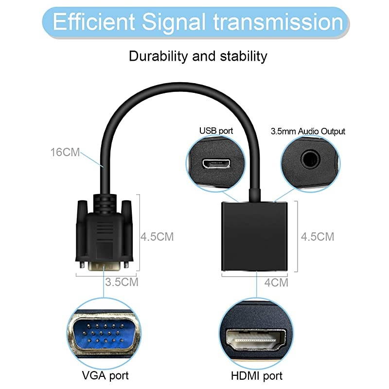 VGA to HDMI Adapter for Monitor TV Active 1080P Video Output with Audio VGA to HDMI Converter Male to Female Compatible with PC Computer Laptop Projector Desktop DVD Plug n Play