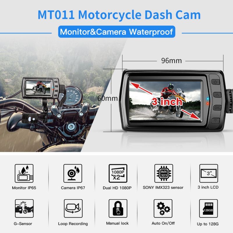 WonVon MT011 Motorbike Drive WiFi Recorder with 3" LCD Screen, Motorcycle Front and Rear Dash Camera Whole Unit Waterproof,Wide Angle 160&deg;,Dual 1080P,GPS,G-Sensor,Loop Recording,Support 128GB max