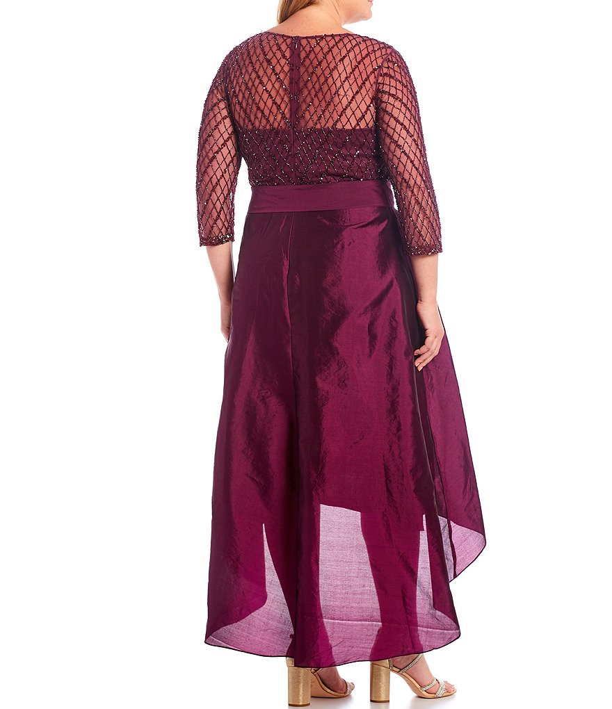 Pisarro Nights Plus Size Beaded 3/4 Sleeve Illusion Boat Neck Dress