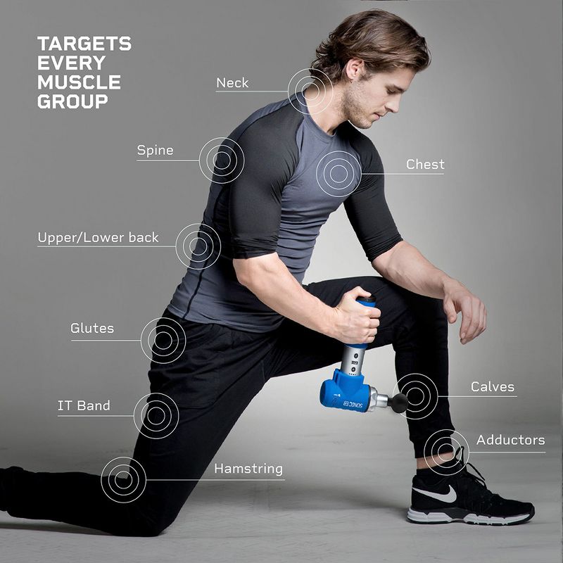 Lifepro LPSNCLXBLU Sonic LX Professional Quiet Electric Handheld Deep Muscle Tissue Percussion Massage Therapy Gun Machine with 7 Attachments, Blue