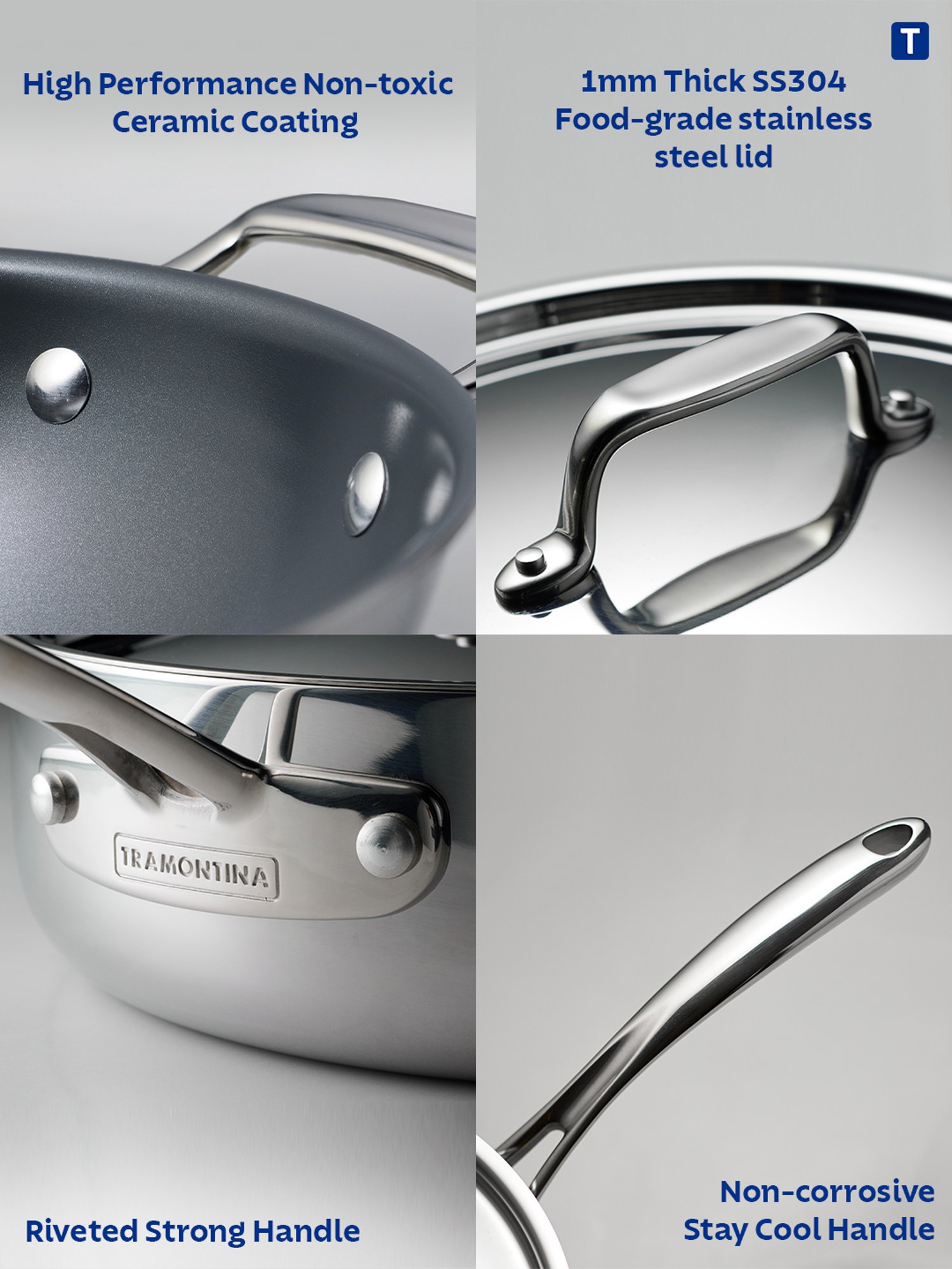 Tramontina Fusao Non-Toxic Triply Stainless Steel Ceramic Deep Saute Pan & lid 24cm/2.8L