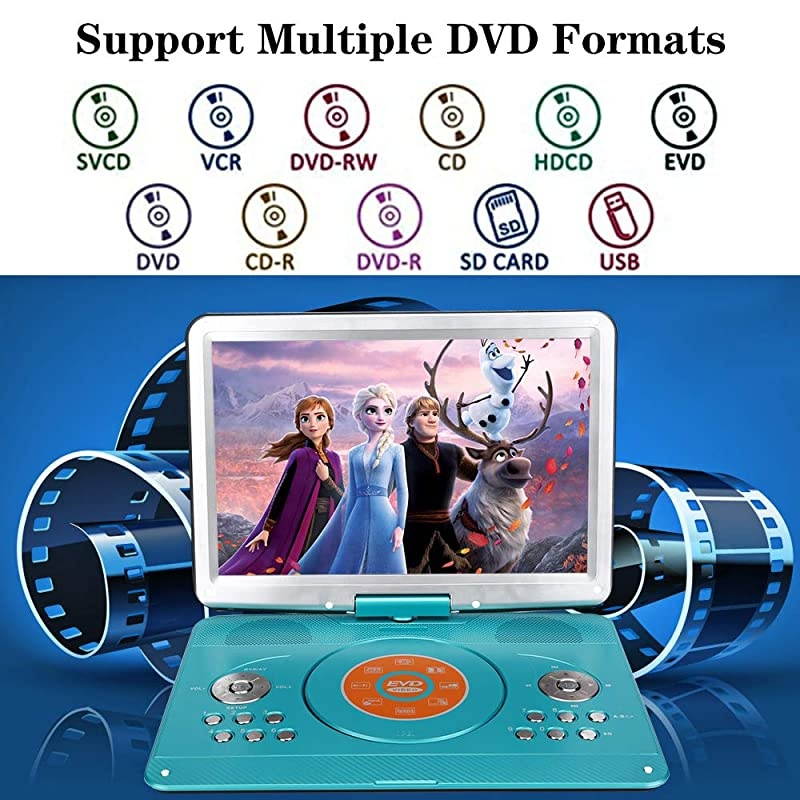 Portable DVD Player with Remote Controller, 14.1'' HD Swivel Large Screen DVD Player for car, 6 Hours Rechargeable Battery Supports SD Card, USB Port(Mint Green)