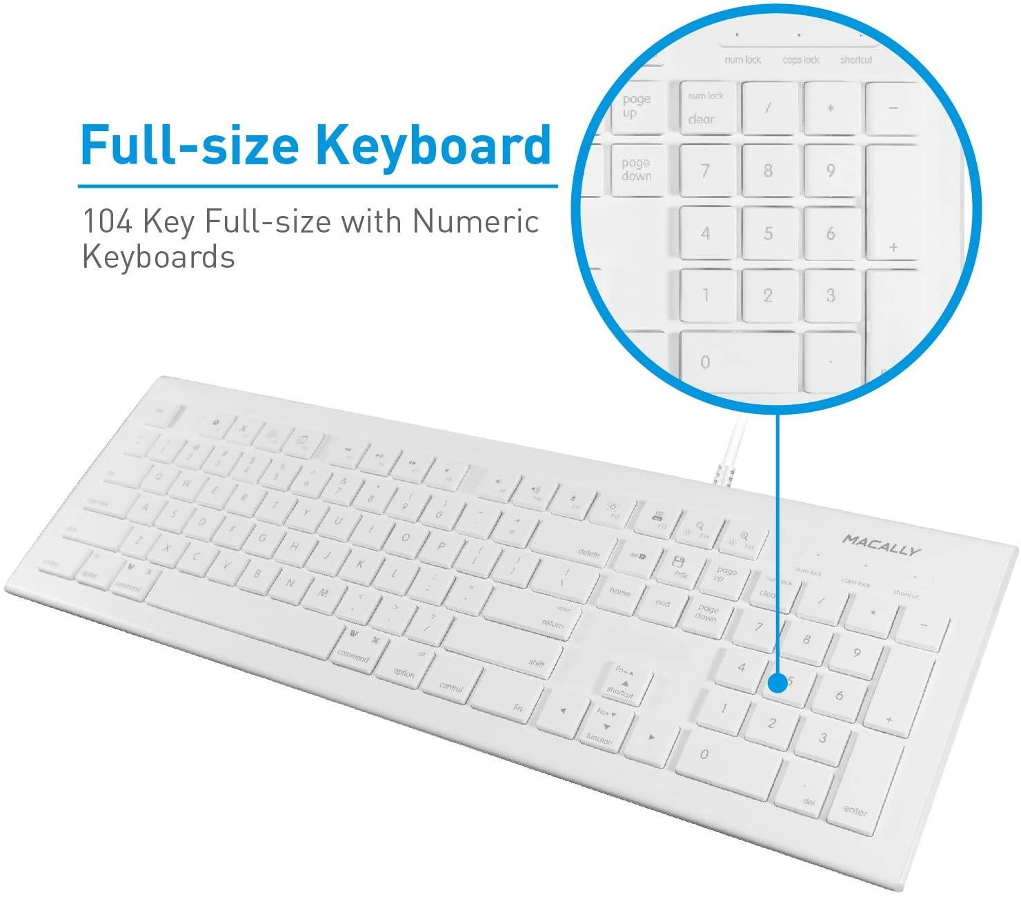 Macally Full Size USB Wired Keyboard for Mac and PC - Plug & Play Wired Computer Keyboard - Compatible Apple Keyboard with 15 Shortcut Keys for Easy Controls & Navigation - White