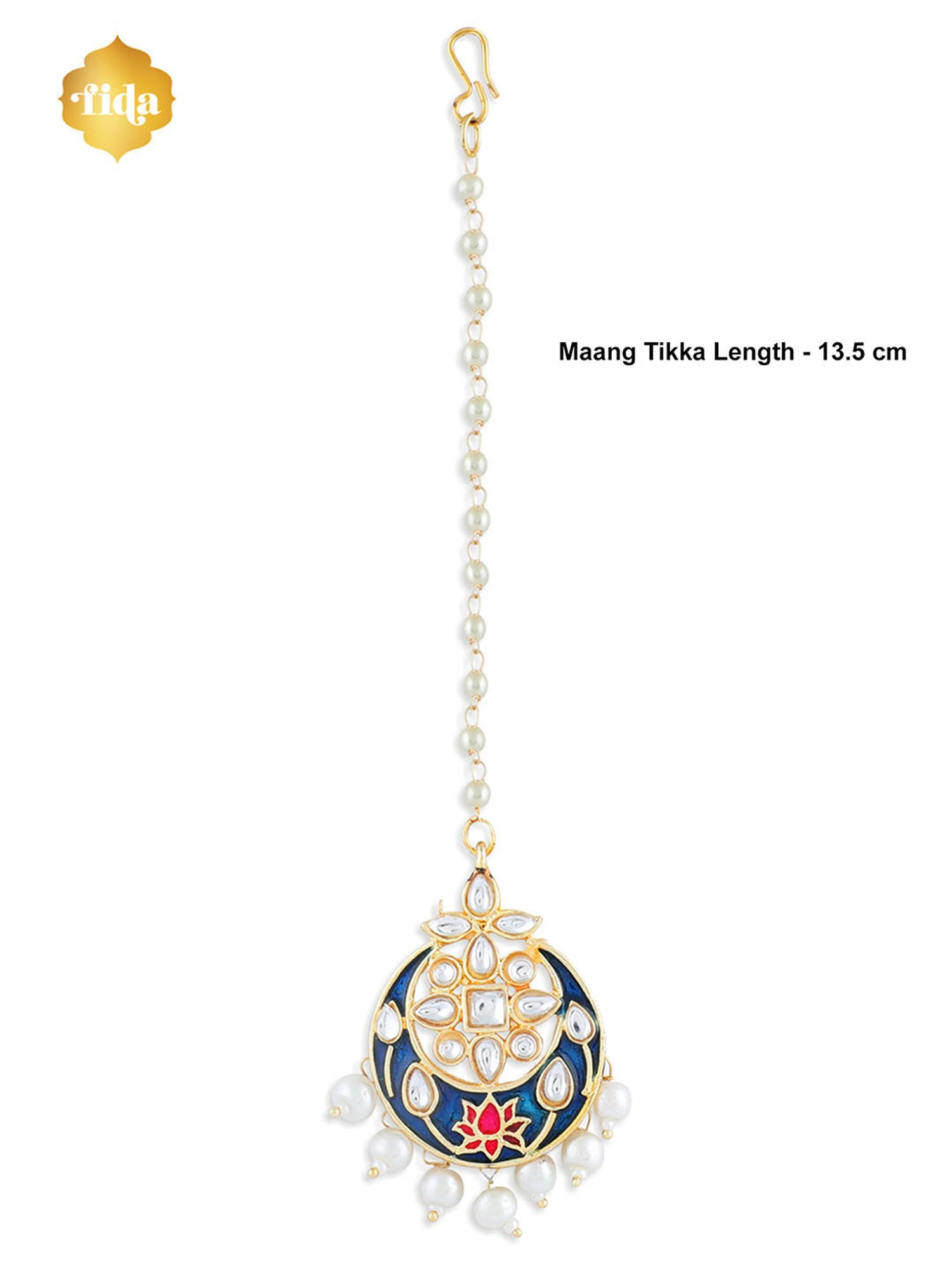 Fida Kundan Pearls Blue Pink Enamelled Floral Crescent Mangtikka for Women