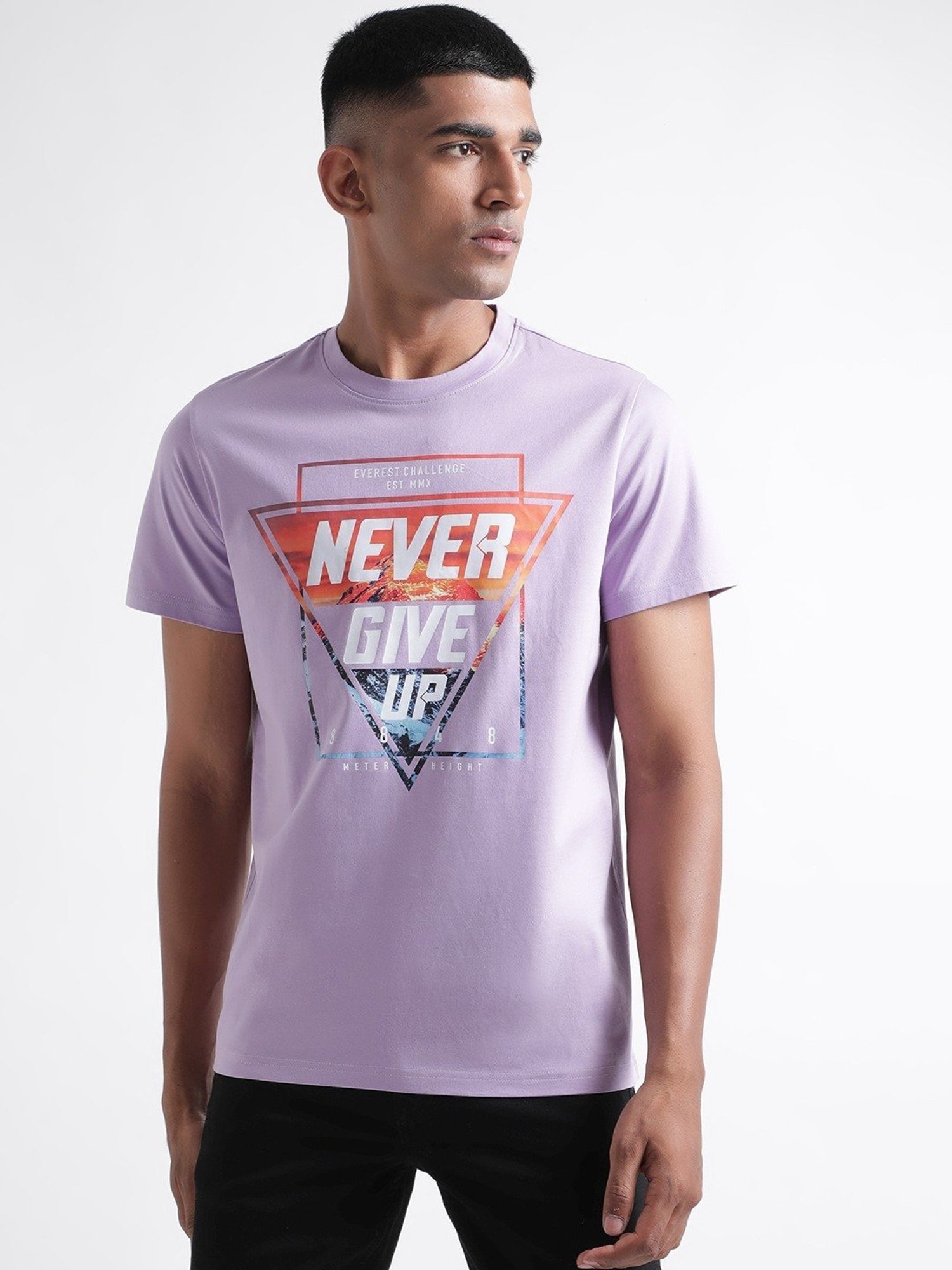 Iconic Lilac Cotton Regular Fit Printed T-Shirt