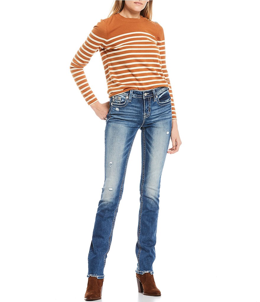 Miss Me Heart Beater Plaid Studded Pocket Mid Rise Straight Jeans