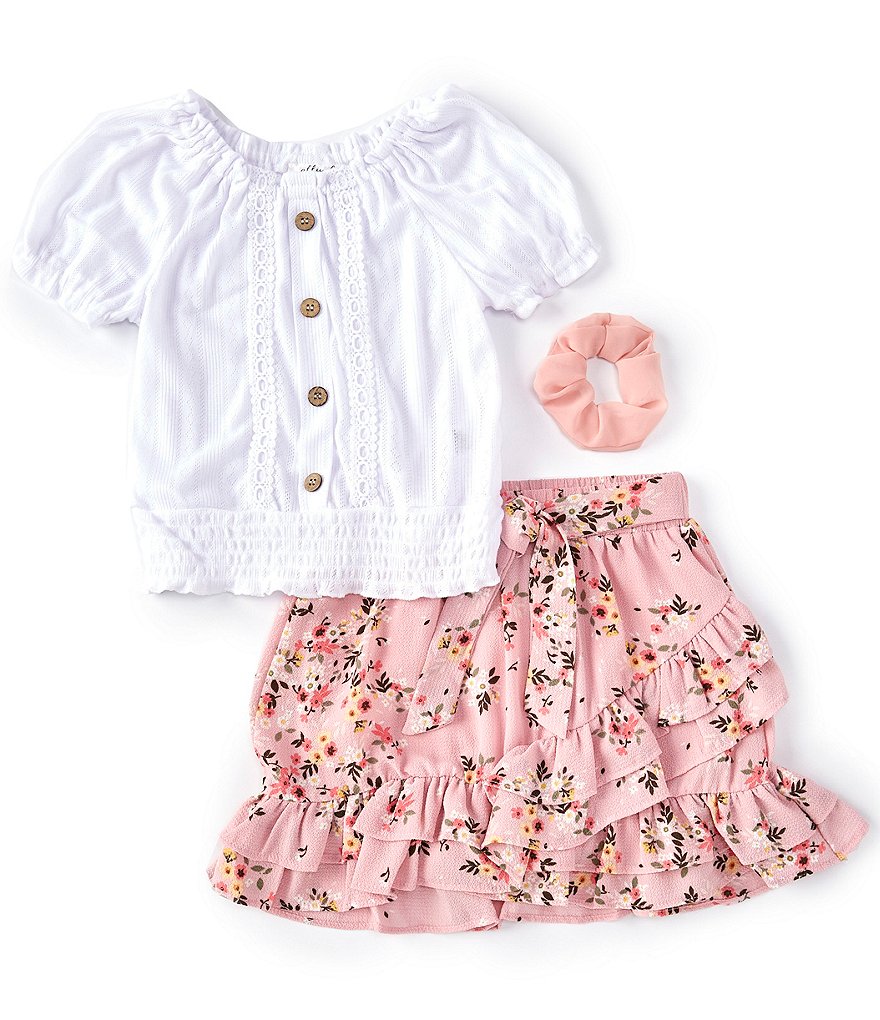 Ally B Big Girls 7-16 Puff-Sleeve Peasant Top & Ditsy Floral Skort Set