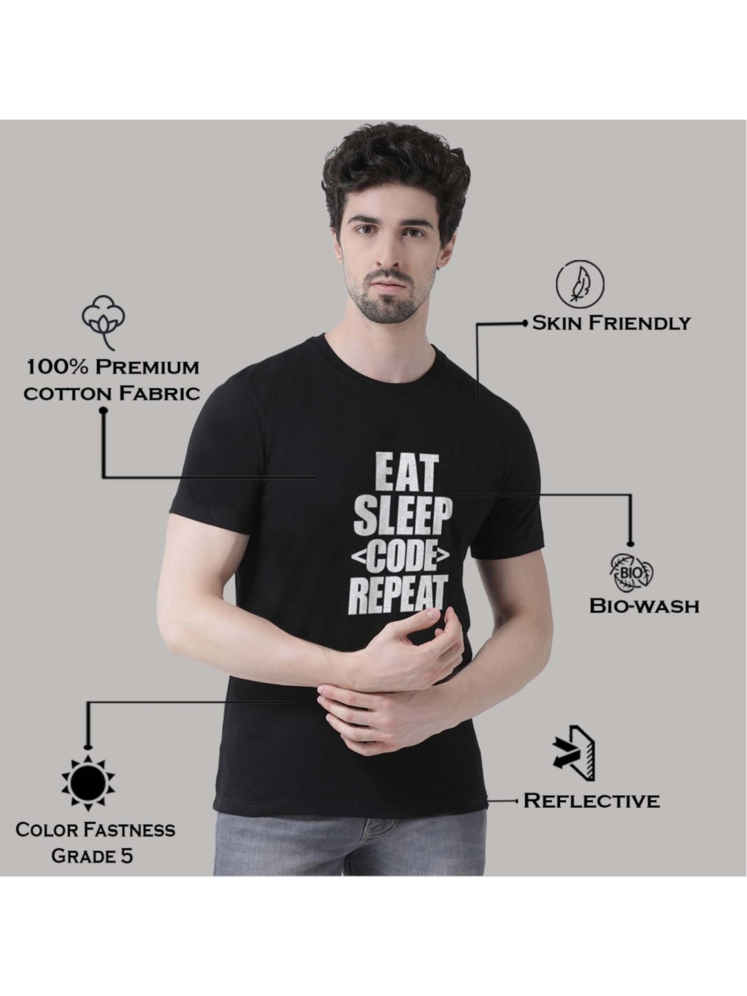 Friskers Black Cotton Slim Fit Printed T-Shirt