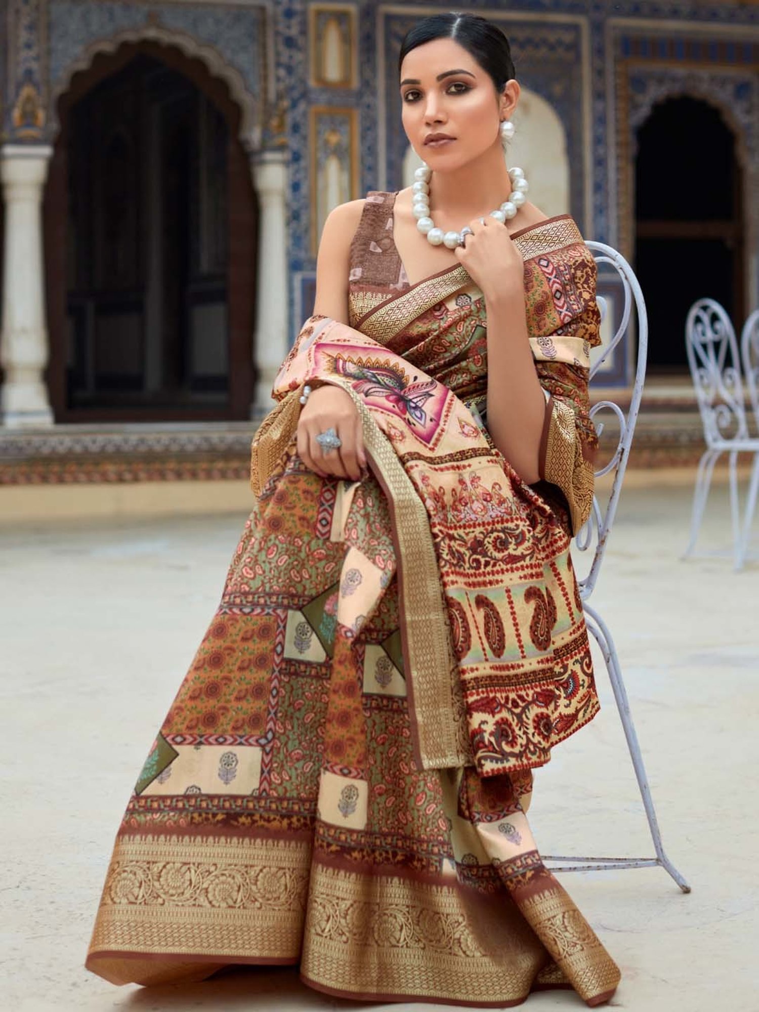 Saree Mall Beige Silk Printed Saree With Unstitched Blouse