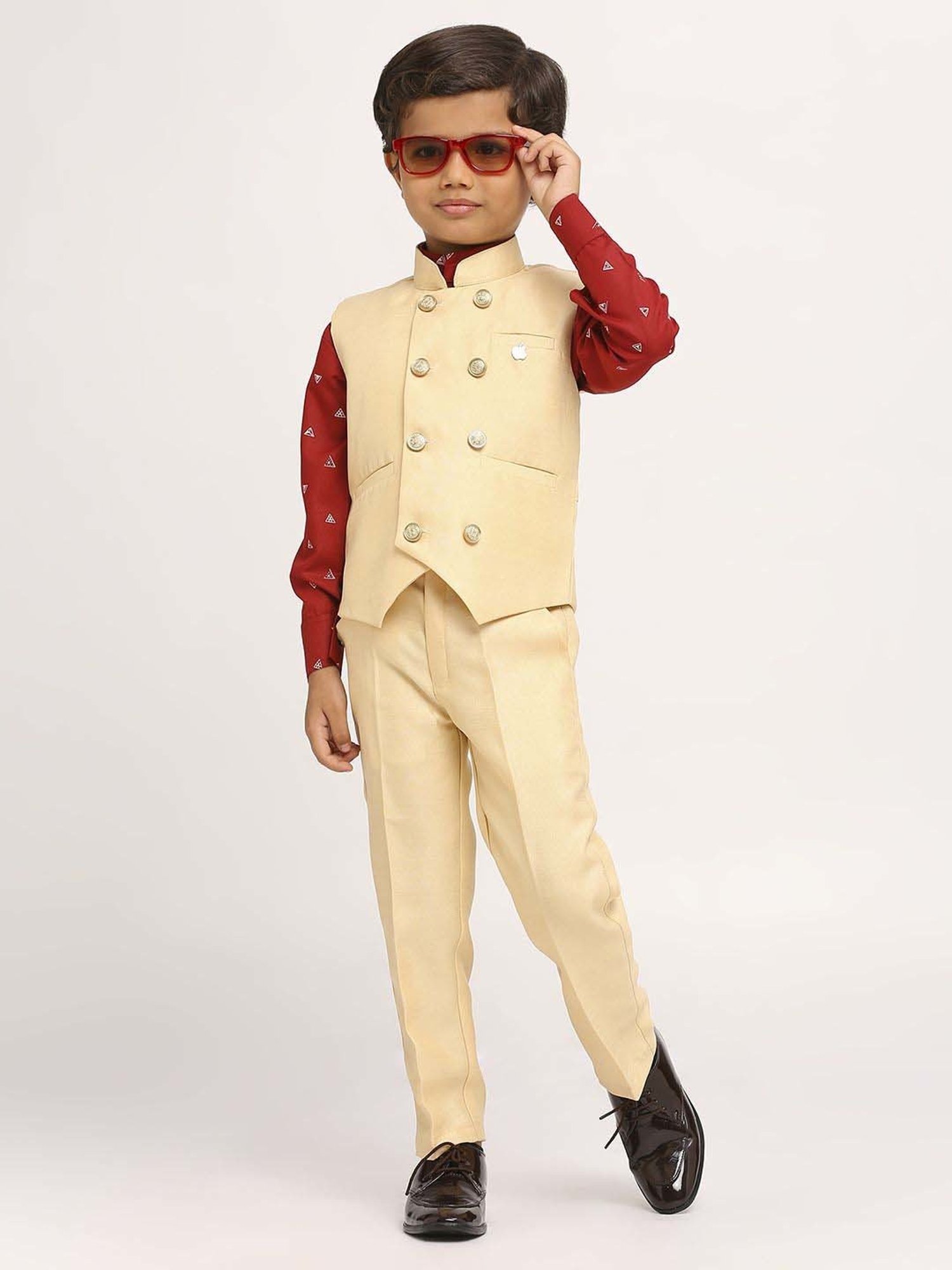 Kids Island Boys Red & Beige Solid Full Sleeves Suit Set