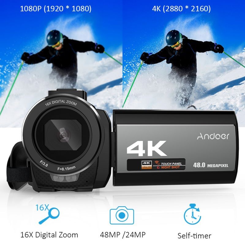 Andoer  Portable 4K  48MP WiFi Digital Video Camera Camcorder with External Microphone and 0.39X Wide Angle Lens 3.0 Inch Touch Screen IR Infrared Night-shot 16X Digital Zoom with 1pc 2000mAh