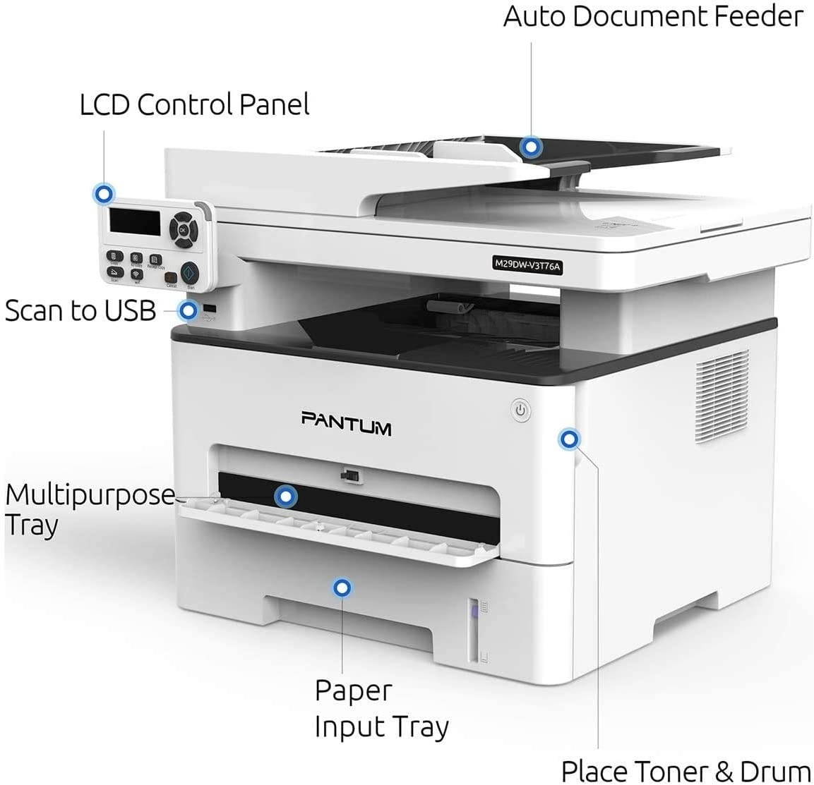 Pantum Multifunction (Print Copy Scan) Monochrome Laser Printer with Wireless Duplex Two-Sided Printing, Networking & USB 2.0(33PPM, M29DW-W5M23A)