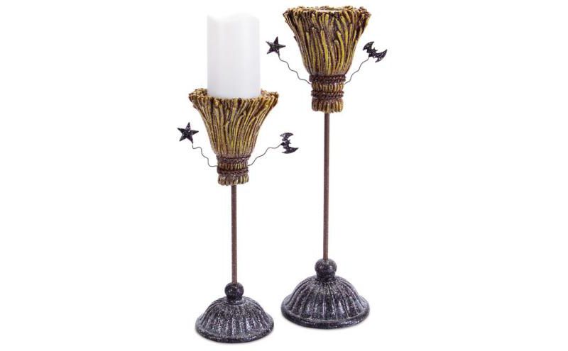 Diva At Home Pack of 2 Brown and Gray Glittering Witch Broomstick Halloween Pillar Candle Holders 14"