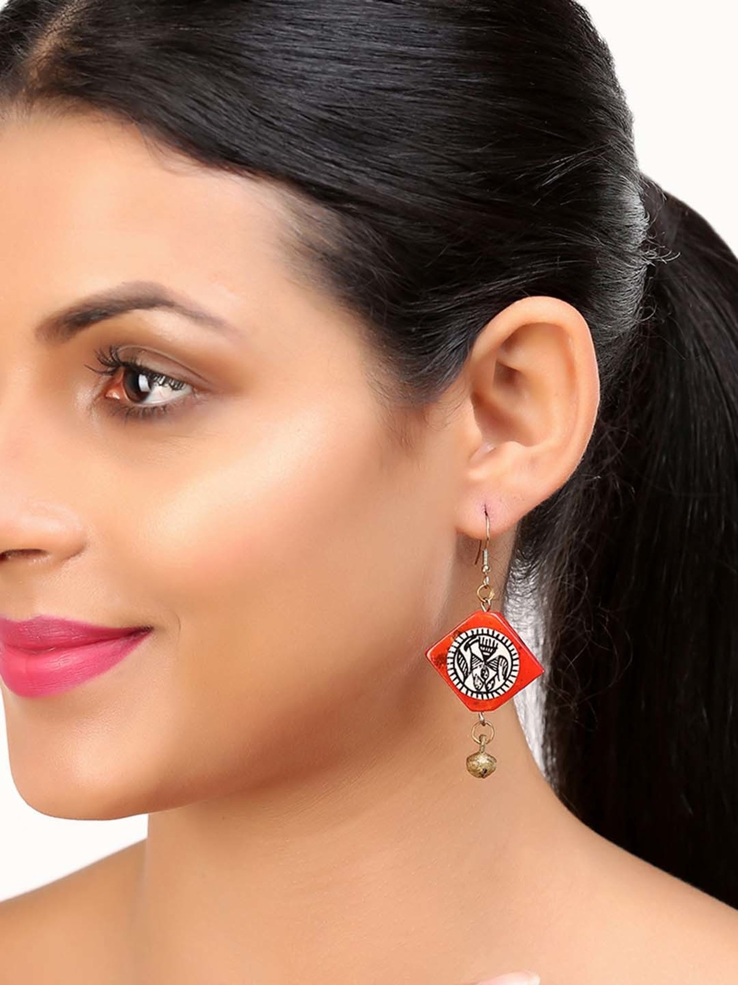 ExclusiveLane 'Tribal Warli Squares' Red & White Resin Earrings in Warli Art
