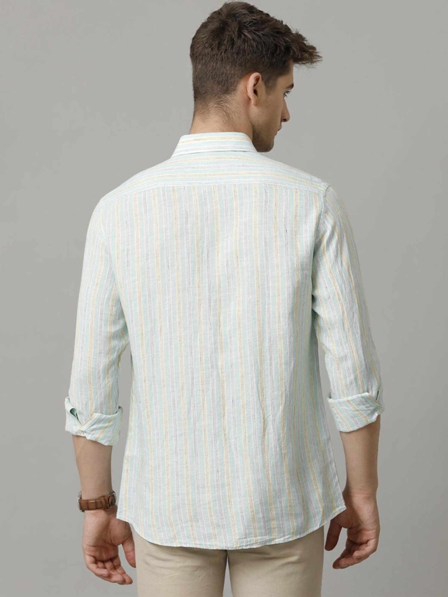 Linen Club Green Linen Contemporary Fit Striped Shirt