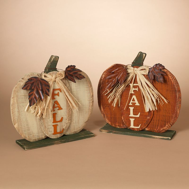 Gerson International S/2 Assorted Wooden Tabletop Fall Pumpkin D'ecor