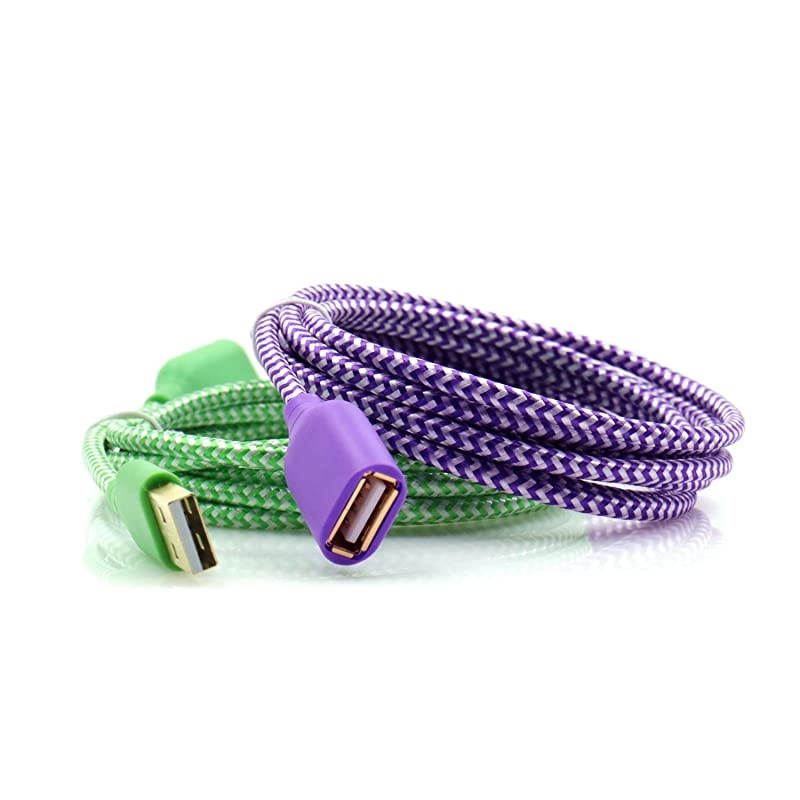 USB Cable Extension,  2 Pack 6 FT/1.83M Durable Nylon Braided USB 2.0 Extension Cable A Male to A Female Extender Cord Compatible with Keyboard, Mouse, Printer, Game Controller (Purple Green)