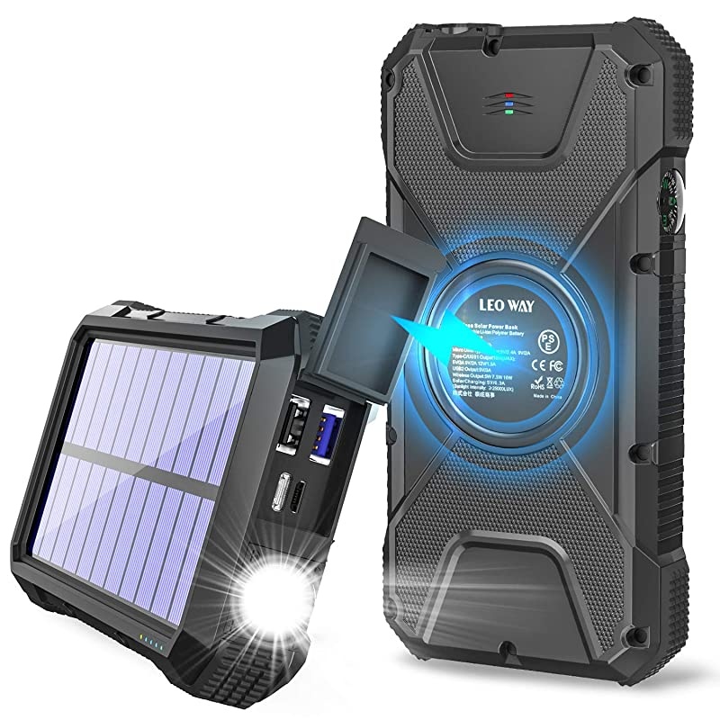 Charger Power Bank Portable Fast Charger 18W QC30 PD Qi Wireless Charging10W75W5W with 4 Outputs Dual Inputs 20000mAh IPX5Waterproof Shockproof Dustproof Black