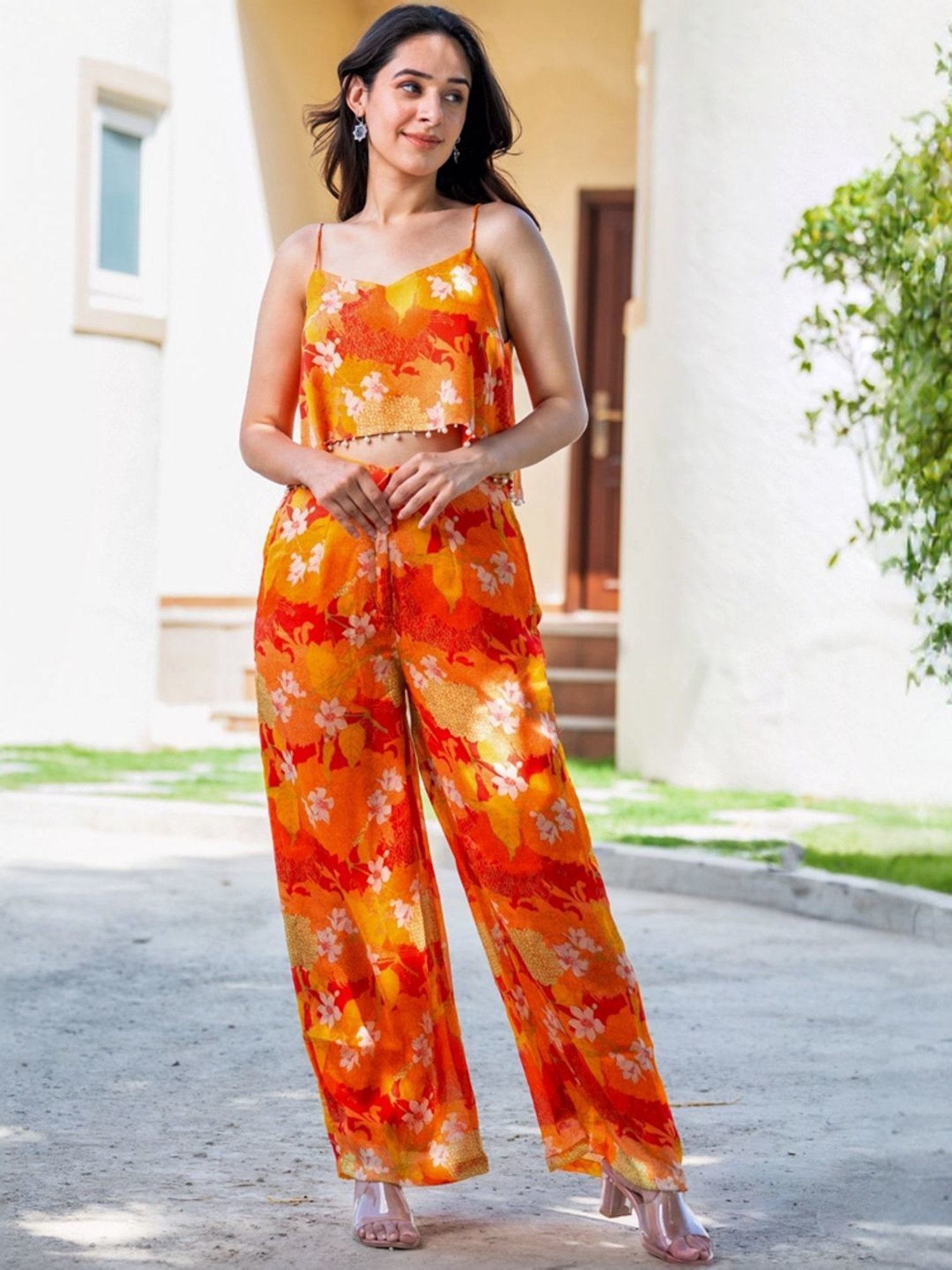 HOUSE OF JAMOTI Yellow & Orange Printed Crop Top Palazzo Set