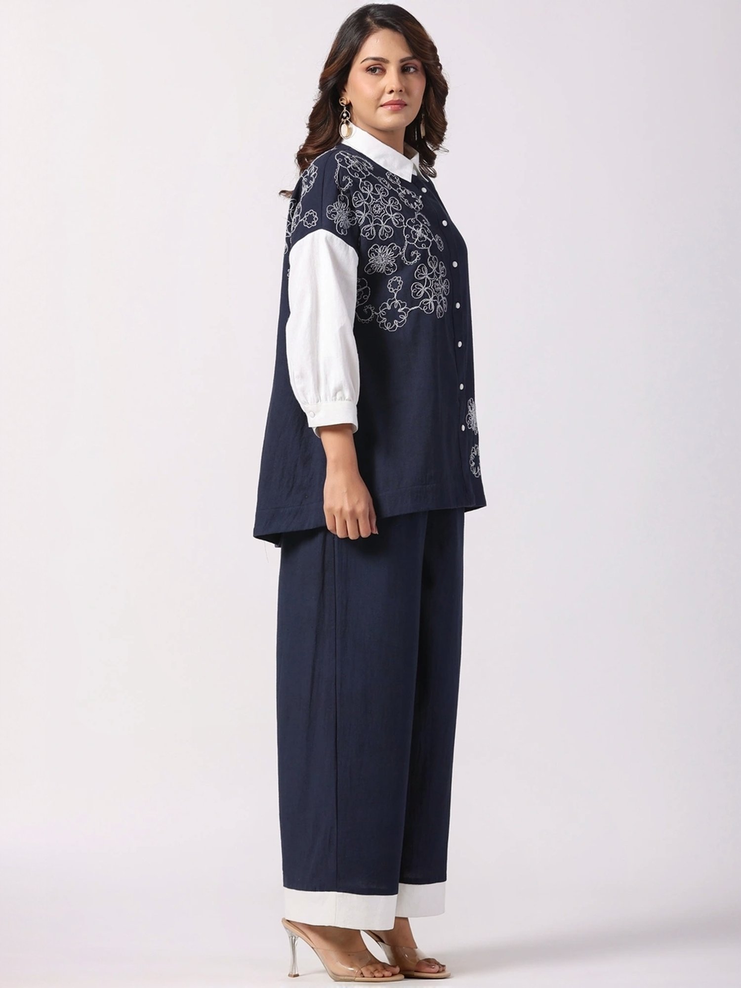 Zolo Label Navy Cotton Embroidered Shirt Palazzo Set
