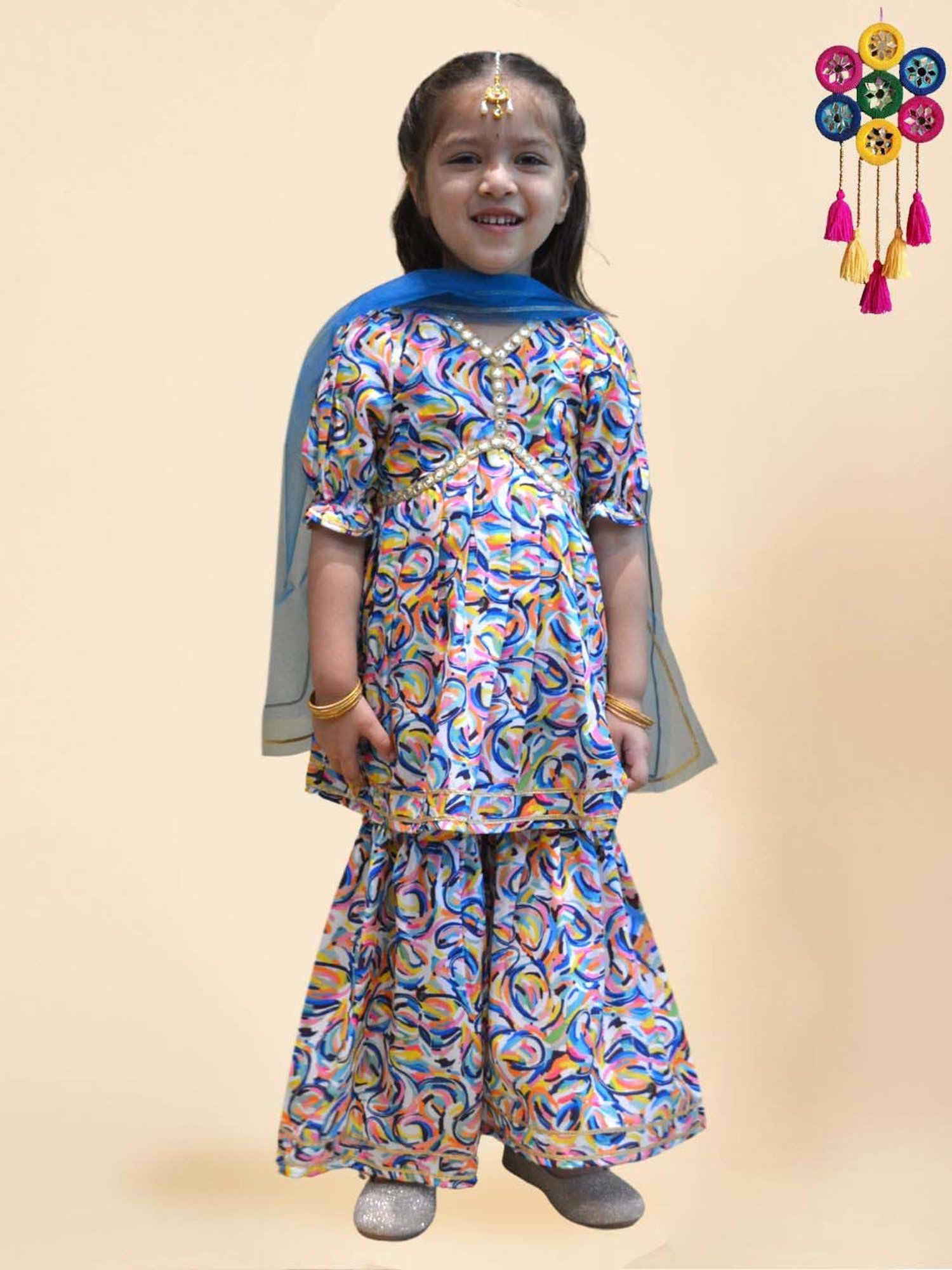 A.T.U.N. Girls Turquoise Printed Kurta Set