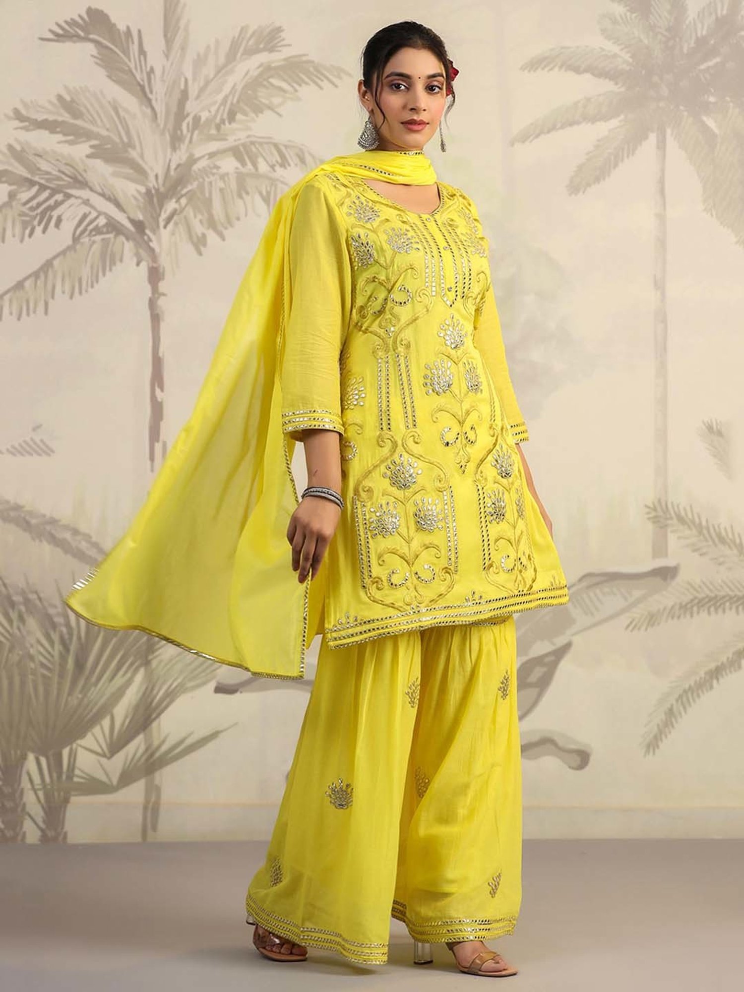 SCAKHI Royal Yellow Cotton Embroidered Kurti Sharara Set With Dupatta
