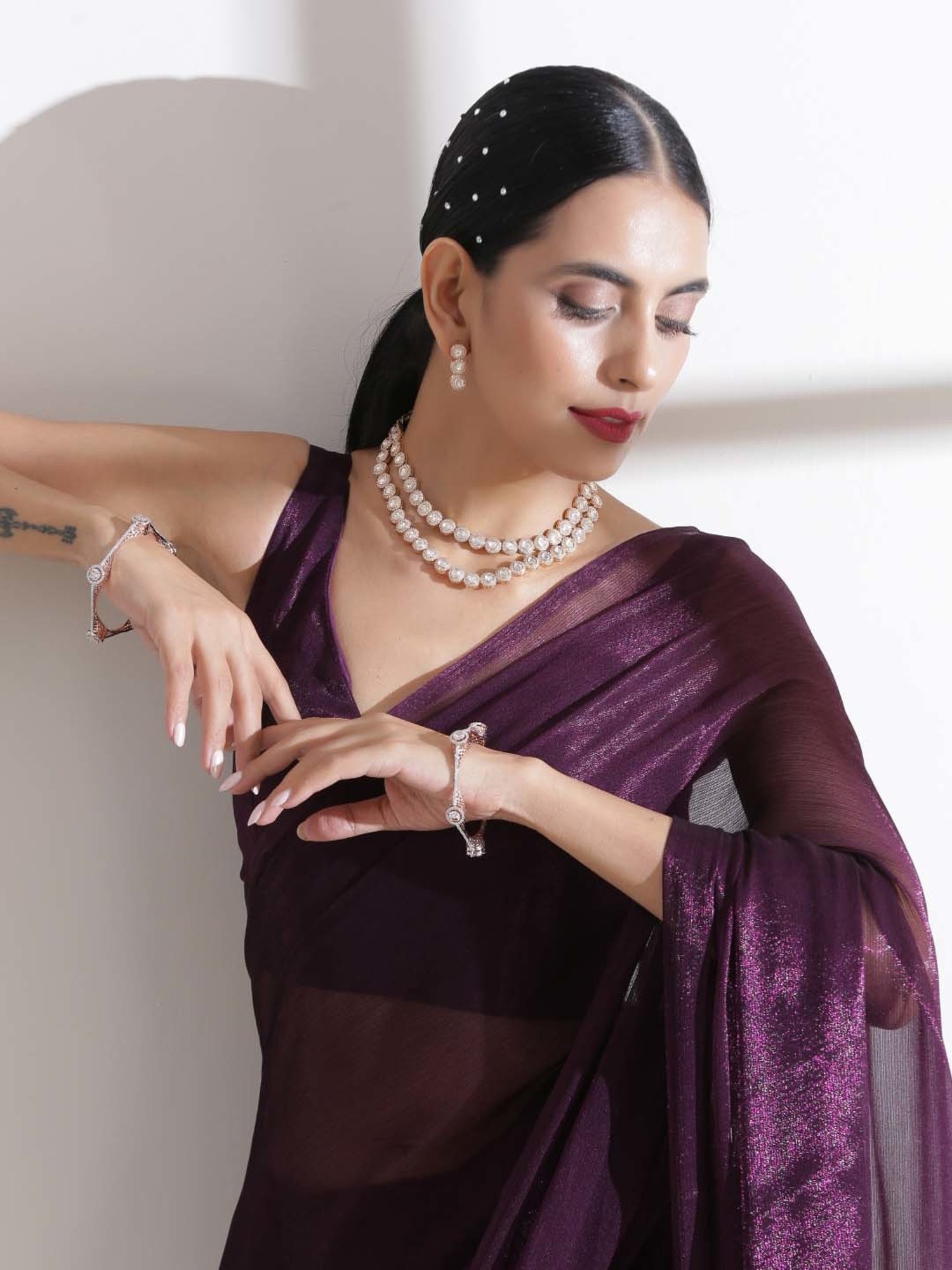 Swtantra Purple Chiffon Saree