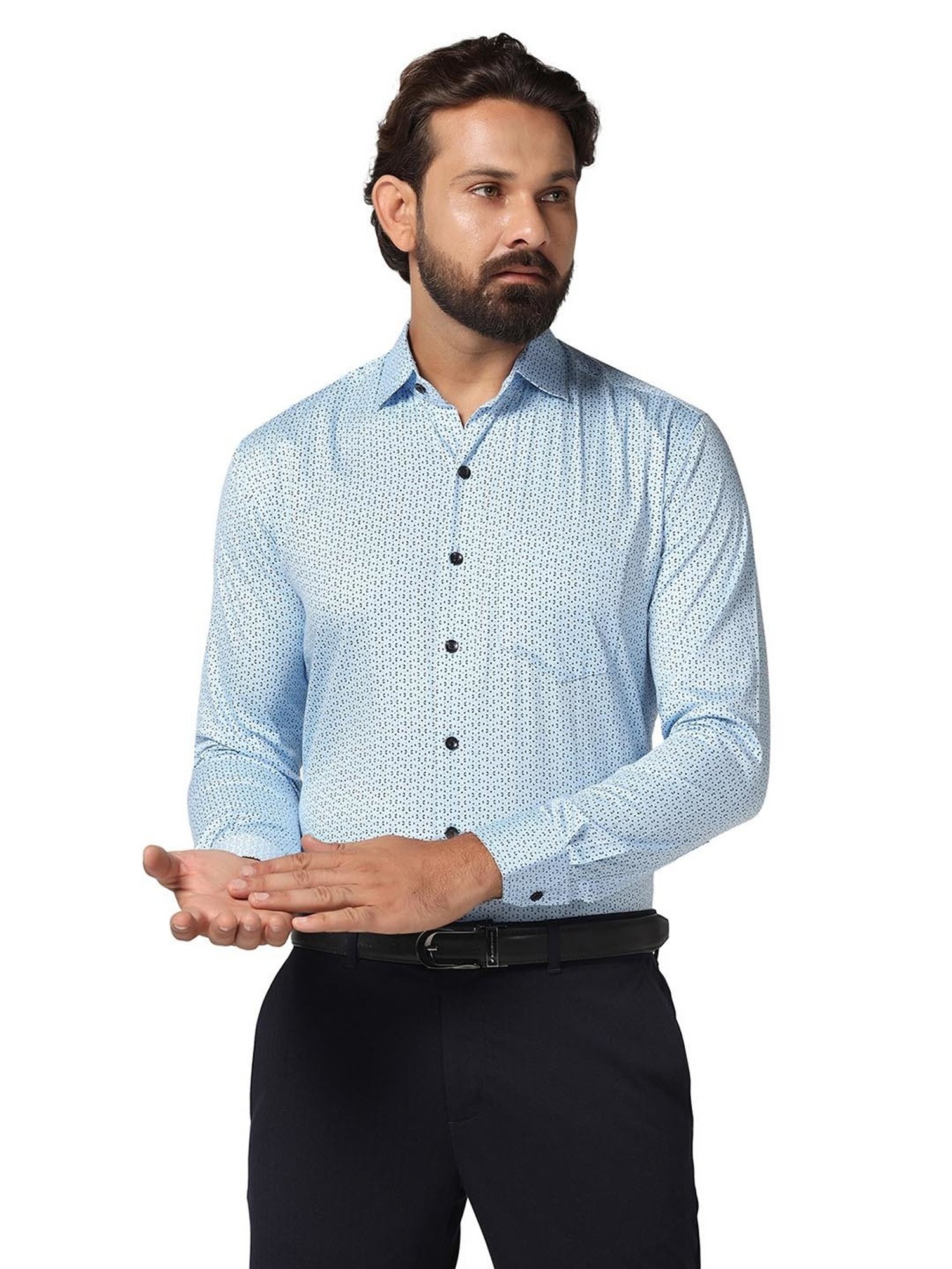 TAHVO Light Blue Slim Fit Printed Shirt