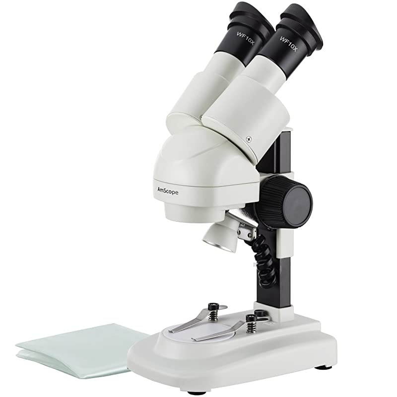 SE120 Portable Binocular Stereo Microscope, WF10x Eyepieces, 20X Magnification, 2X Objective, LED Lighting, Reversible Black/White Stage Plate, Track-Controlled Table Stand, Battery Powered