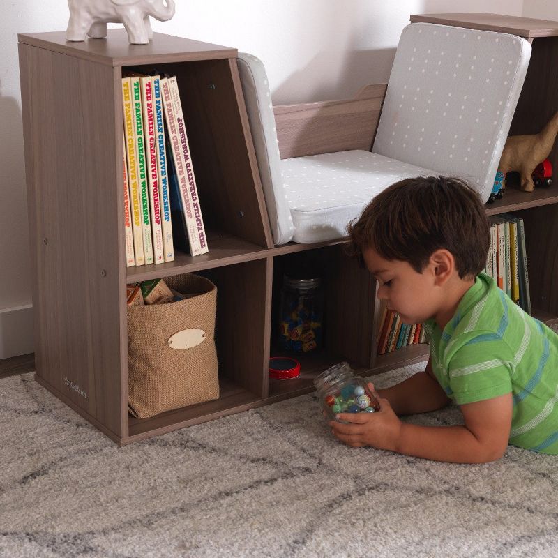 KidKraft Wooden Bookcase Storage Shelving Unit with Comfortable Cushioned Children's Reading Nook and 6 Storage Organizer Cubbies, Gray