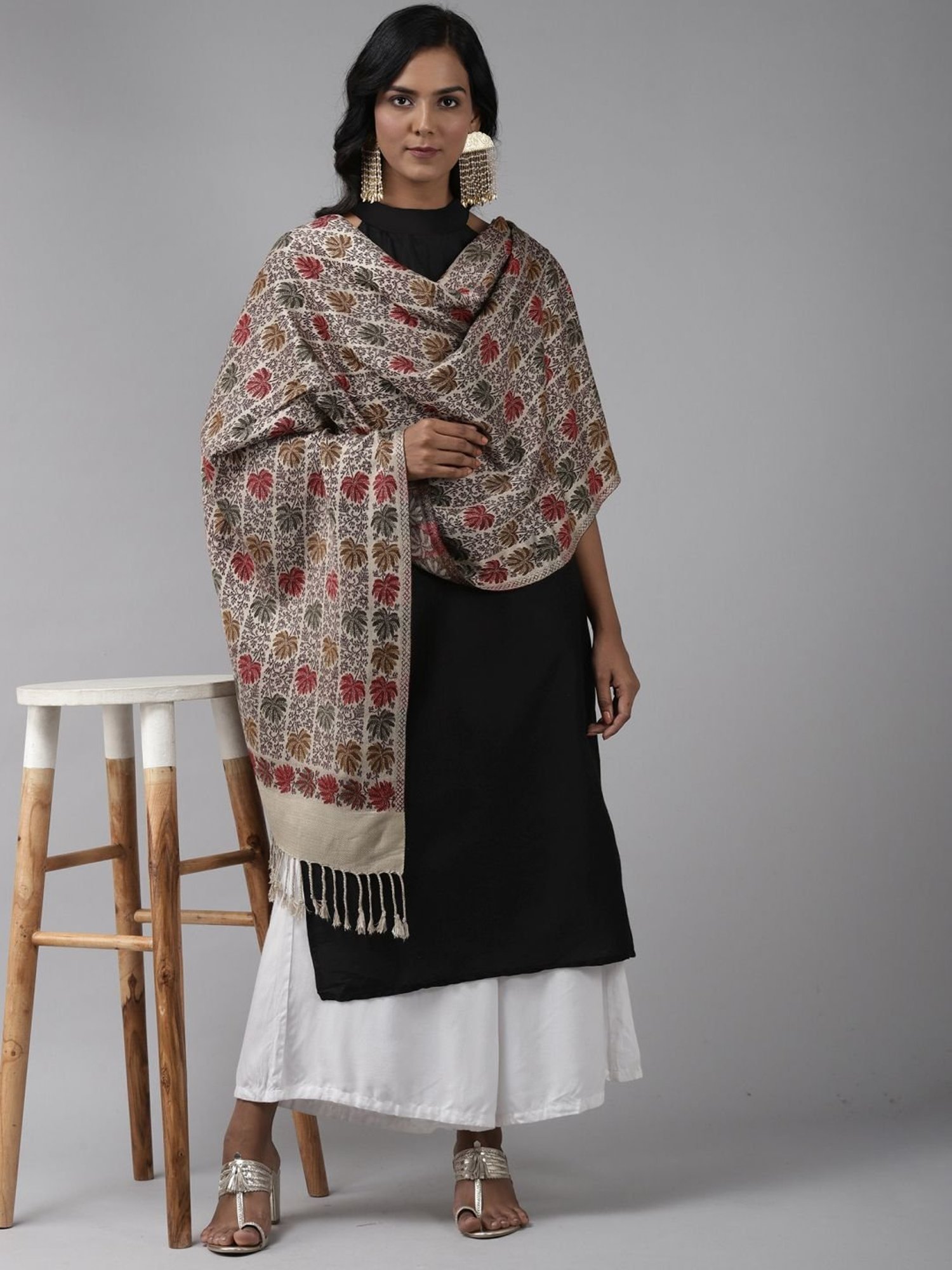Indo Era Beige & Red Woven Pattern Shawl