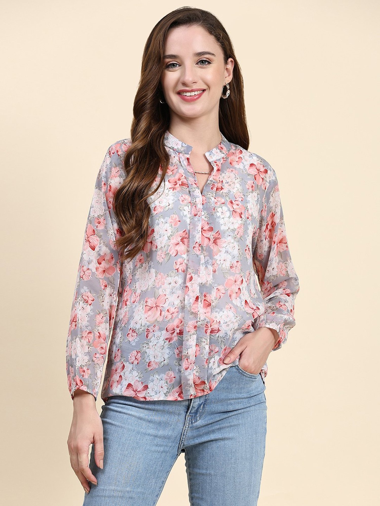 KERI PERRY Grey Floral Print Top