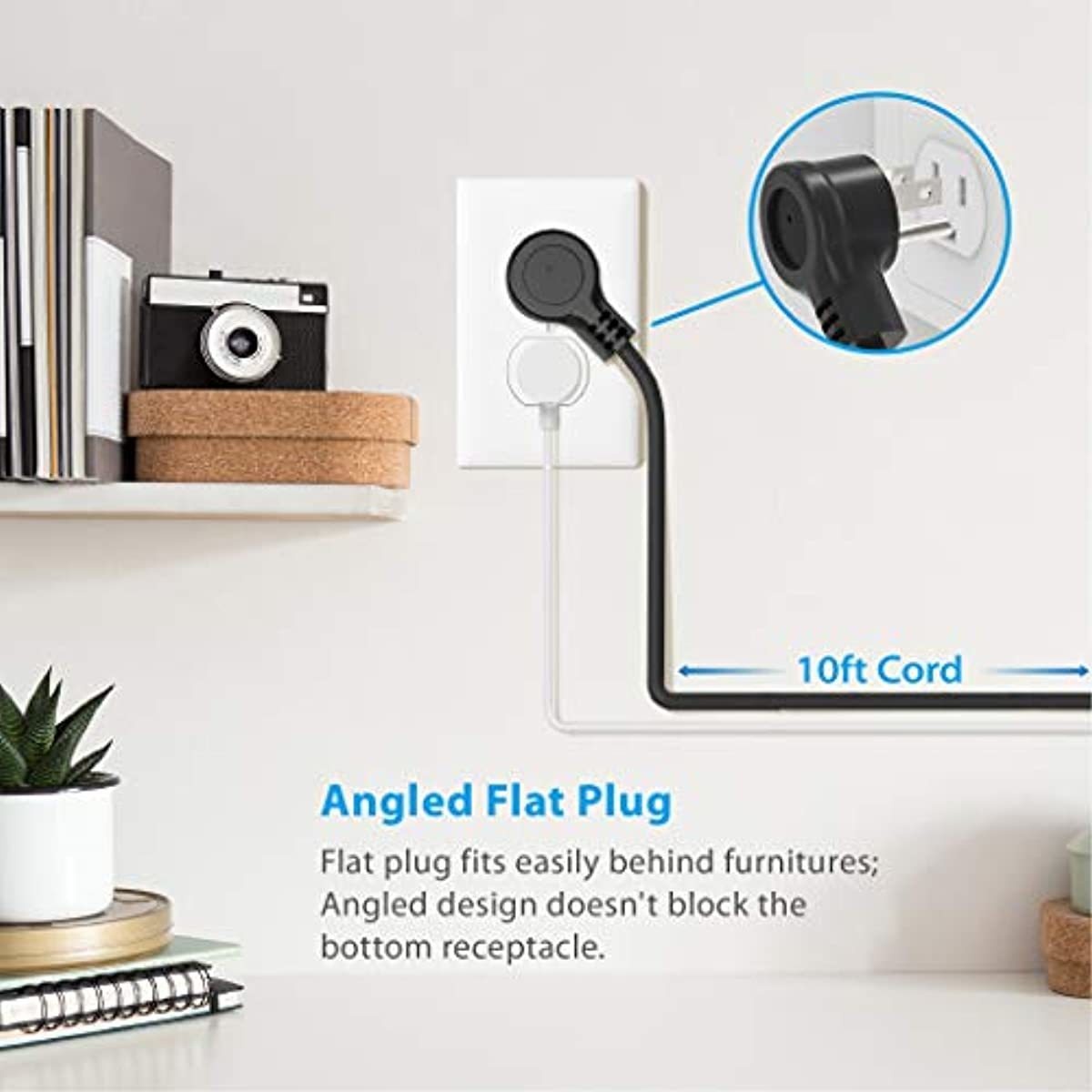 TROND Power Strip with 3 Widely Spaced Outlets and 3 USB Ports, 10 Ft Long Extension Cord , Flat Plug, Wall Mountable, Compact Desktop Charging Station for Dorm Room Home Office, Black