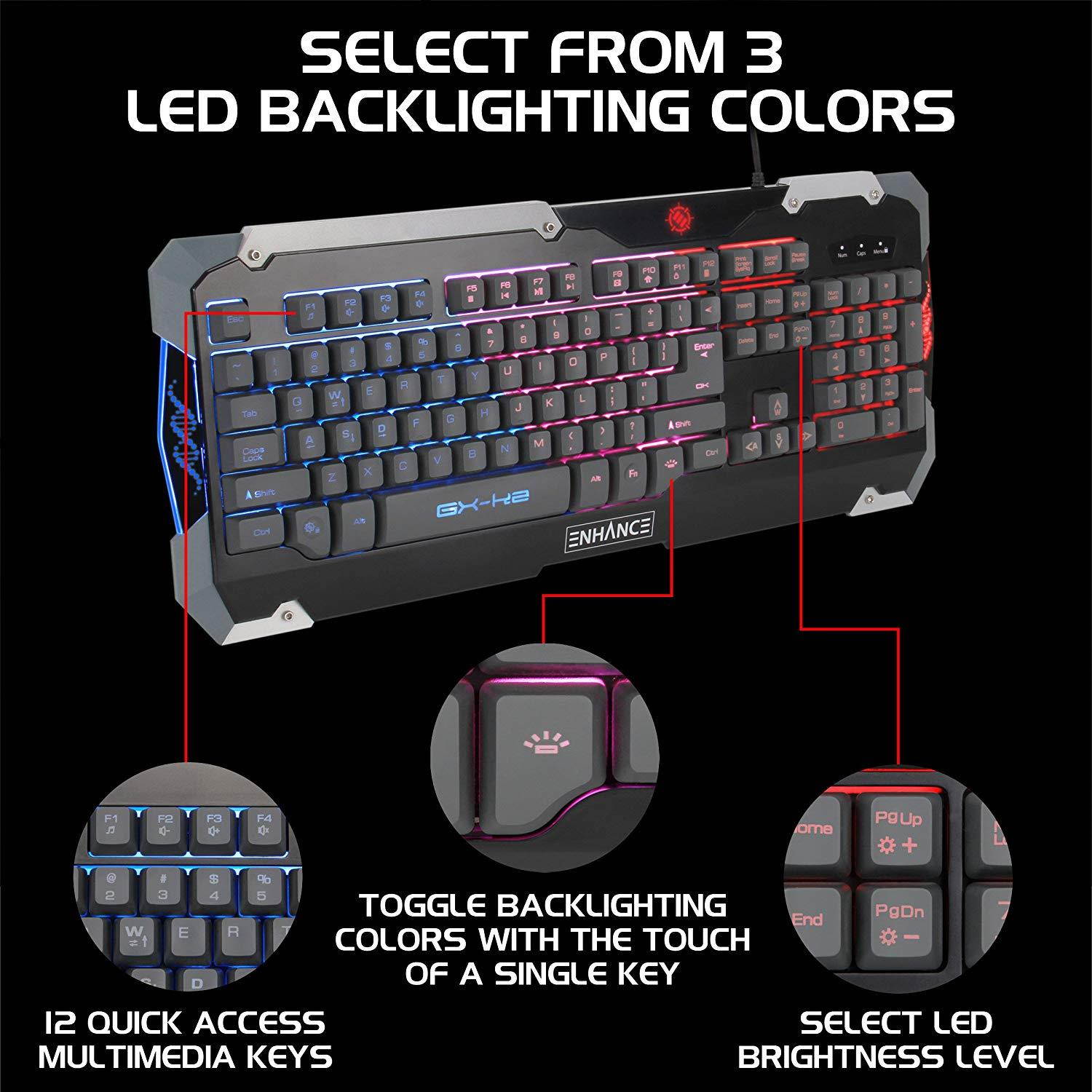 Enhance GX-K2 Gaming Keyboard with 104 Hybrid Mechanical Feel Keys, LED Backlit, Braided Cable - 3 Color Selection, Multimedia Shortcuts, Plug & Play USB Connection - PATHOGEN Series