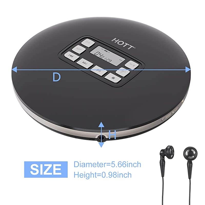 CD611T Bluetooth Portable cd Player for Home Travel and car with Stereo Headphones, Anti Shock Protection-Black