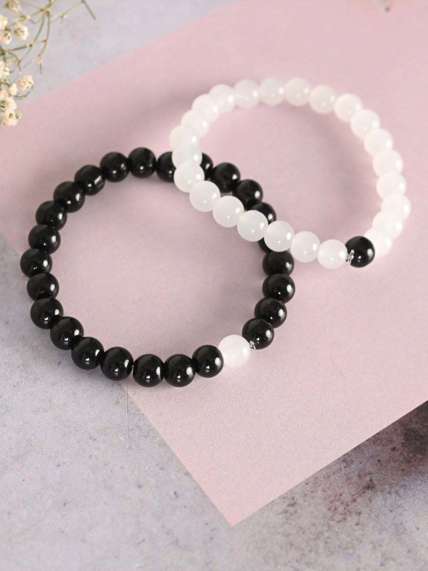 NVR White & Black Marbel Crystal Elasticated Bracelet for Unisex - Set of 2