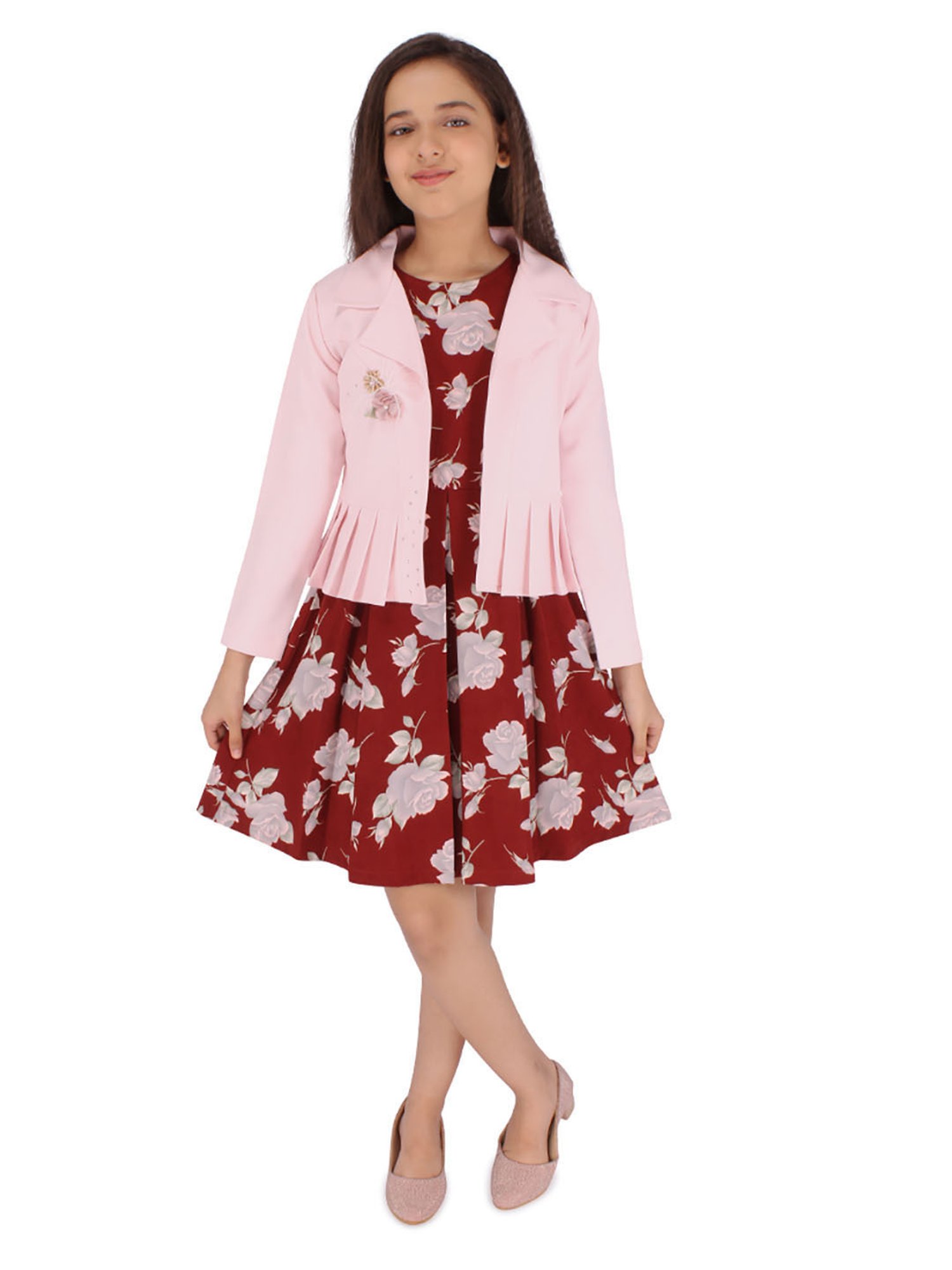 Cutecumber Kids Maroon & Pink Floral Print Full Sleeves Dress with Shrug