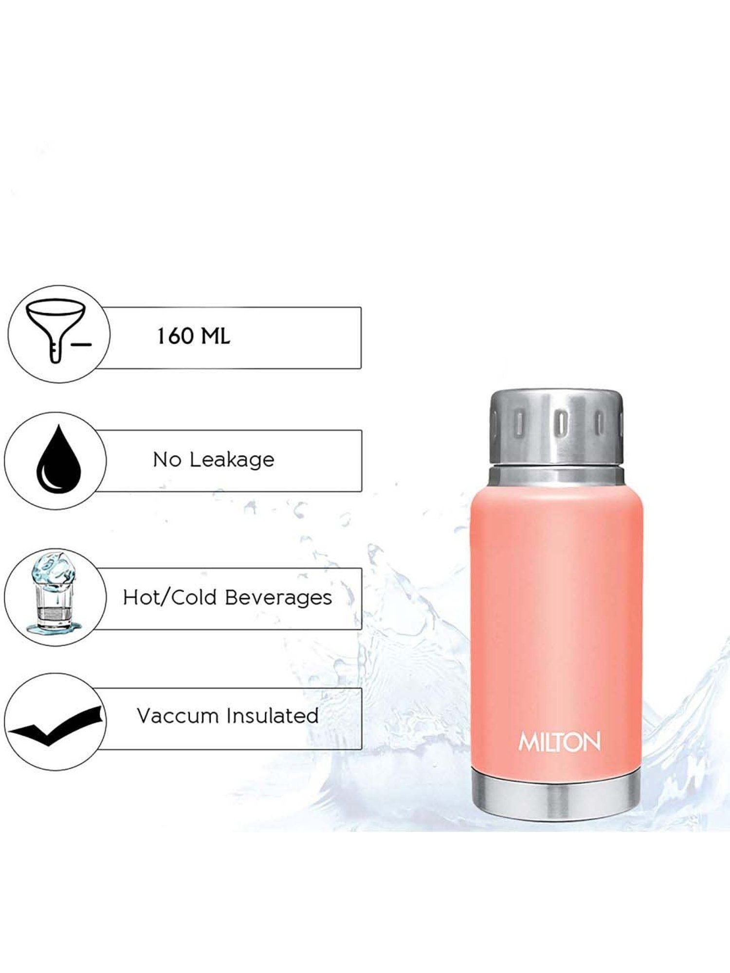 Milton Elfin Peach & Silver Stainless Steel Insulated Water Bottle (160 ml) - Set of 1