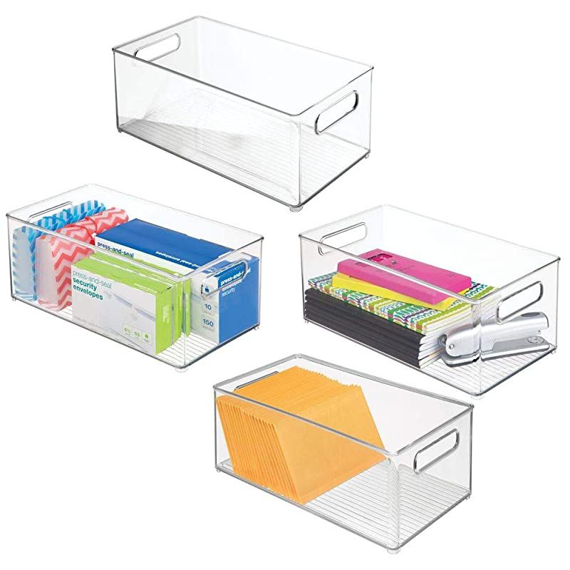 Plastic Storage Bin Container Home Office Desk and Drawer Organizer Tote with Handles Holds Gel Pens Erasers Tape Pens Pencils Markers Envelopes 145 Long 4 Pack Clear