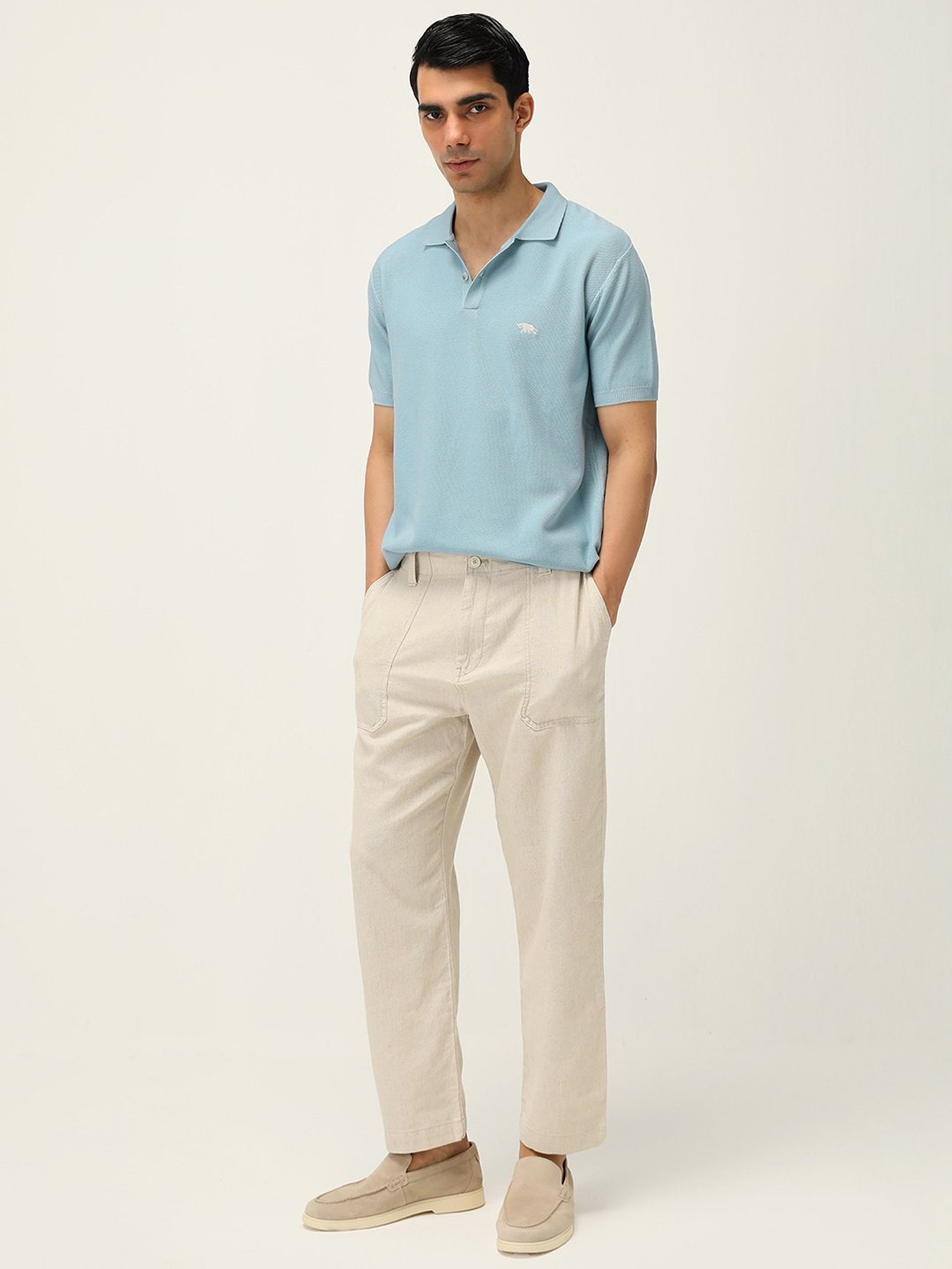 ANDAMEN Light Blue Regular Fit Textured Polo T-Shirt