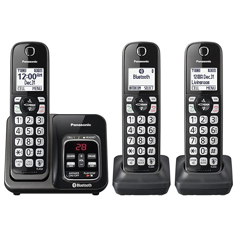 Expandable Cordless Phone System with Link2Cell Bluetooth Voice Assistant Answering Machine and Call Blocking 3 Cordless Handsets KXTGD563M Metallic Black