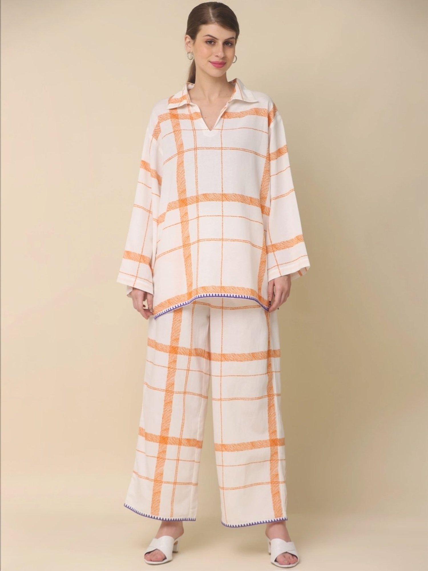 Zolo Label White Cotton Chequered Top Palazzo Set